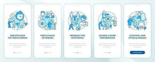 Parent teen conflict areas blue onboarding mobile app screen. Family walkthrough 5 steps editable graphic instructions with linear concepts. UI, UX, GUI templated vector