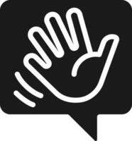 Saying hello black glyph icon. Greeting chat bubble with waving hand. Communication on social media. Silhouette symbol on white space. Solid pictogram. Vector isolated illustration