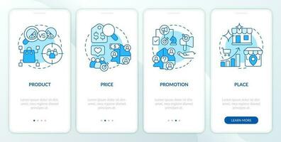 Four P marketing mix blue onboarding mobile app screen. Walkthrough 4 steps editable graphic instructions with linear concepts. UI, UX, GUI templated vector