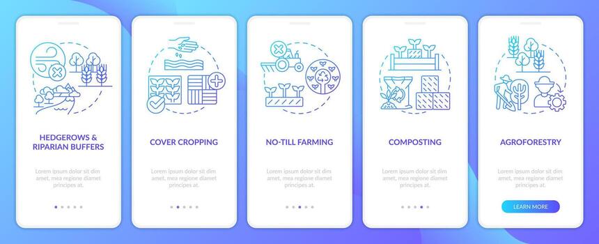 Regenerative agriculture techniques blue gradient onboarding mobile app screen. Walkthrough 5 steps graphic instructions with linear concepts. UI, UX, GUI templated vector