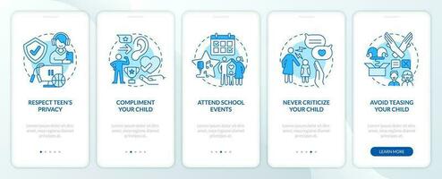 Promoting self esteem in teens blue onboarding mobile app screen. Walkthrough 5 steps editable graphic instructions with linear concepts. UI, UX, GUI templated vector