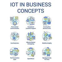 IoT in business concept icons set. Digital opportunities. Transformation benefits idea thin line color illustrations. Isolated symbols. Editable stroke vector