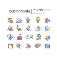 Radiation safety RGB color icons set. Emergency actions during nuclear event. Isolated vector illustrations. Simple filled line drawings collection. Editable stroke used