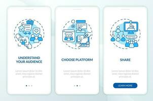 crear micro comunidad para negocio azul inducción móvil aplicación pantalla. recorrido 3 pasos editable gráfico instrucciones con lineal conceptos. ui, ux, gui plantilla vector