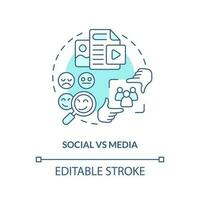 Social vs media turquoise concept icon. Online content. Interpersonal relationship. Small community. Social network abstract idea thin line illustration. Isolated outline drawing. Editable stroke vector