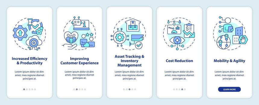 IoT business benefits onboarding mobile app screen. Digital transform walkthrough 5 steps editable graphic instructions with linear concepts. UI, UX, GUI templated vector