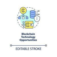 Blockchain technology opportunities concept icon. Financial safety. Cryptocurrency abstract idea thin line illustration. Isolated outline drawing. Editable stroke vector