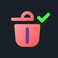 Successfully deleted flat gradient fill ui icon for dark theme. Removing confirm. Bin with check mark. Pixel perfect color pictogram. GUI, UX design on black space. Vector isolated RGB illustration