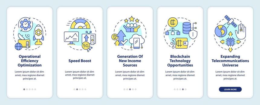 IoT in telecommunication benefits onboarding mobile app screen. Walkthrough 5 steps editable graphic instructions with linear concepts. UI, UX, GUI templated vector