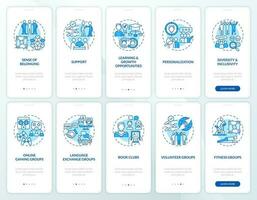Micro community blue onboarding mobile app screen set. Social circle walkthrough 5 steps editable graphic instructions with linear concepts. UI, UX, GUI templated vector