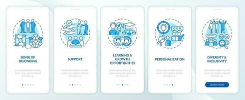 Micro community advantages blue onboarding mobile app screen. Walkthrough 5 steps editable graphic instructions with linear concepts. UI, UX, GUI templated vector