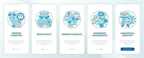 Micro community advantages for business blue onboarding mobile app screen. Walkthrough 5 steps editable graphic instructions with linear concepts. UI, UX templated vector