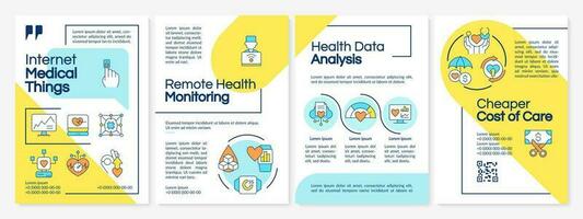 Internet of medical things yellow and blue brochure template. Leaflet design with linear icons. Editable 4 vector layouts for presentation, annual reports