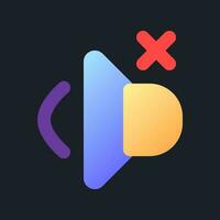 Volume off flat gradient fill ui icon for dark theme. Mute audio in video. Remove sound. Music mode. Pixel perfect color pictogram. GUI, UX design on black space. Vector isolated RGB illustration
