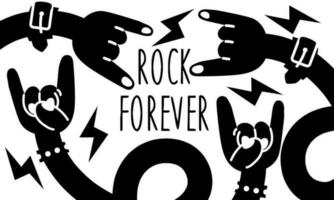 A hand-drawn rock festival banner. A lot of hands with the Rock sign and the inscription Rock forever. Rock hands with zippers and kitchen studded bracelets. Print for concerts vector