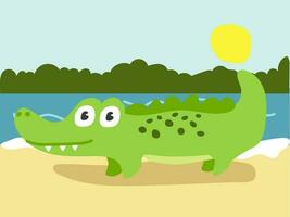 Illustration of a cartoon crocodile walking on the shore. An illustration with a funny crocodile. The crocodile is at his usual place of residence. Children's, printing for children's books vector