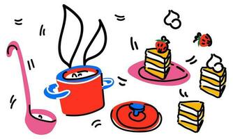 A set of abstract dishes. Soup in a saucepan with a ladle and lid and a piece of cake on a plate decorated with cream and strawberries. A simple children's doodle illustration vector