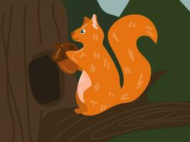 Illustration of a cartoon squirrel with a nut on a tree near the house. Forest world with a funny squirrel. A squirrel in its habitual habitat. Children's illustration, printing for children's books vector