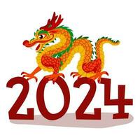 The dragon stands on the numbers 2024. The inscription is in the Chinese year of the dragon. Happy New Year. Symbol 2024. Vector illustration of the festival bright dragon