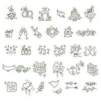 A large set of sketches of wedding icons. A minimalistic set of thin linear web icons made by hand. Vector contour wedding elements on a white. Timing for printing on invitations. designations