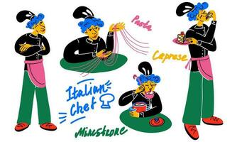 A set of young abstract bright Italian chef in different poses. Modern bright style. A young kitchen worker. The character is suitable for the juicy design of the menu of a pastry shop, cafe vector