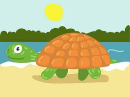 ilustración de un dibujos animados Tortuga vagante a lo largo el costa. un ilustración con un gracioso tortuga. el Tortuga es a sus usual sitio de residencia. para niños, impresión para para niños libros vector