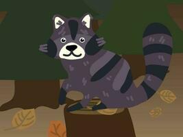 Illustration of a cartoon raccoon in the forest. A forest world with a funny striped raccoon. A raccoon in its usual habitat. Children's illustration, printing for children's books vector