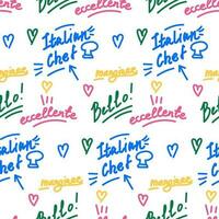 A pattern with inscriptions of admiration in Italian from an Italian chef. The name of the dishes and the joy of tasting them. Modern bright style. Packaging vector