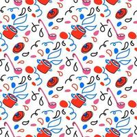 Abstract vector background with kitchen tools. Bright kitchen utensils ladle, saucepan, lid with additional abstract doodle elements. packaging