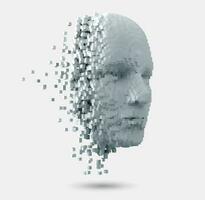 Vector abstract disintegrating human face. 3D illustration of a human head constructed by cubes. Visual representation of identity created by artificial intelligence. Machine learning concept.