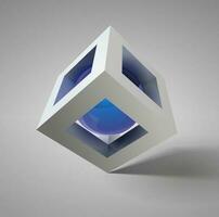 vector resumen 3d cubo y azul esfera composición. tres- dimensional icono diseño con un azul esfera dentro un blanco cubo.