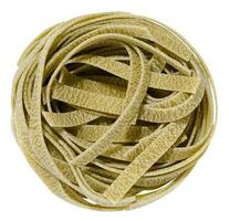 Twisted nest of raw spinach pasta on white background, top view photo