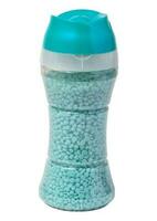 Plastic transparent bottle with aromatic granules for rinsing washing. Laundry softener photo