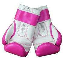 Pair of pink-white leather boxing gloves on a white background, top view photo