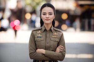 photo of asian woman in Thai police officer uniform, generative AI