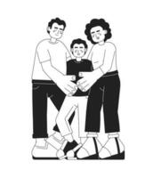 Mixed race family hug candid monochrome vector spot illustration. Latino father and american mom embracing son 2D flat bw cartoon characters for web UI design. Isolated editable hand drawn hero image