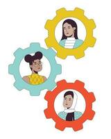 Teamwork gears flat line concept vector spot illustration. Women business diverse 2D cartoon outline characters on white for web UI design. Collaboration cog wheels editable isolated color hero image