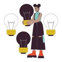 Business idea lightbulb flat line concept vector spot illustration. Eyeglasses woman holding lightbulb 2D cartoon outline character on white for web UI design. Editable isolated color hero image