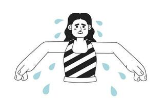 Arabic woman with sweaty armpits monochromatic flat vector character. Sweating girl feels discomfort. Editable thin line half body person on white. Simple bw cartoon spot image for web graphic design