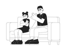 Asian parent scolding child monochrome vector spot illustration. Korean father disciplining frustrated daughter 2D flat bw cartoon characters for web UI design. Isolated editable hand drawn hero image