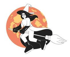 Nasty witch fly around worlds monochrome concept vector spot illustration. Evil lady in witch hat 2D flat bw cartoon character for web UI design. Isolated editable hand drawn hero image