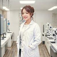 photo of asian woman in white lab coat at modern laboratory,