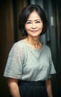contento bonito medio Envejecido antiguo asiático mujer a el calle, generativo ai foto