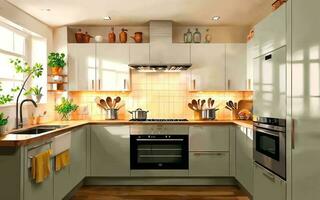 illustration digital painting drawing of modern minimal kitchen room, generative AI photo