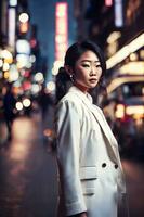 beautiful young asian woman with city street night in background, generative AI photo