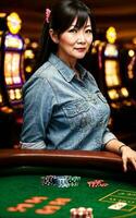 middle aged asian woman at luxury casino, generative AI photo