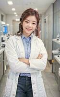 foto de asiático mujer en blanco laboratorio Saco a moderno laboratorio, generativo ai