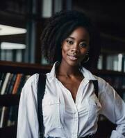 hermosa africano americano negro mujer con biblioteca en fondo, generativo ai foto