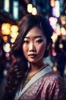 beautiful young asian woman with city street night in background, generative AI photo