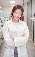 photo of asian woman in white lab coat at modern laboratory, generative AI